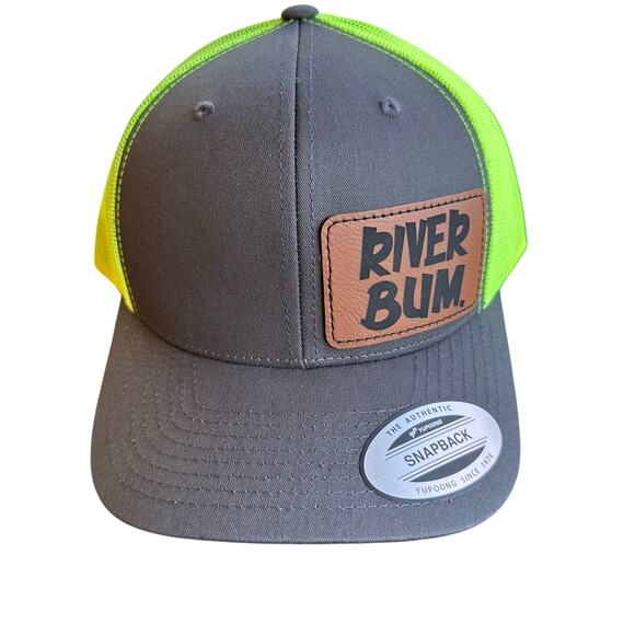 River Bum Snap Back Trucker Hat Flat Bill Fluorescent Green Mesh Cap Yupoong Y2K - Picture 1 of 5